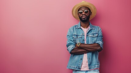 A stylish man posing confidently against a vibrant pink background. He wears a straw fedora hat and mirrored sunglasses - AI Generated Digital Art - obrazy, fototapety, plakaty
