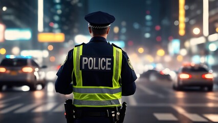 Obraz premium Police Man Directing Traffic Blurred Background. Generative AI