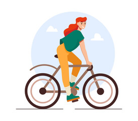 Young Modern Woman Rides Bicycle. Sports Activities. Taking Care of Environment. Flat Cartoon Vector Illustration.