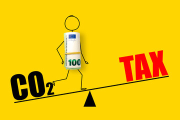 100 Euros and word CO2 on scales. Tax for CO2 emissions. Global warming concept. Natural disasters...