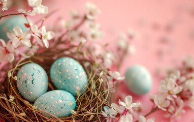 Easter holiday celebration: pastel-painted minimal dots eggs nestled in a bird's nest, adorning a vibrant pink backdrop - the perfect greeting card for festive cheer