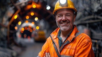 Confident miner with headlamp in underground mine - obrazy, fototapety, plakaty