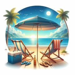Obraz premium two chairs on a beach under an umbrella, ideal for vacation destinations, travel advertisements, and leisure concepts