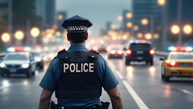 Police Man Directing Traffic On Highway. Generative AI