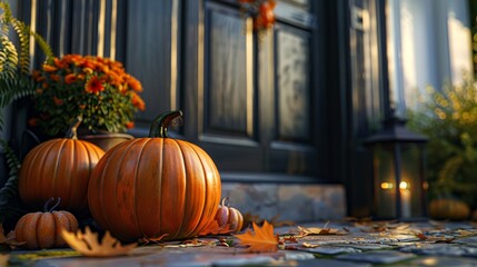 Seasonal decorations with pumpkins outside.