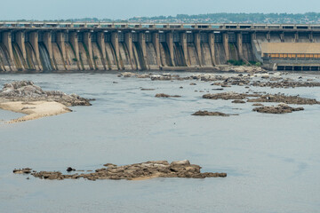 Obraz premium The hydro-electric power station 'Dniprohes' is in Zaporizhzhia close up. The biggest HPP in Ukraine.