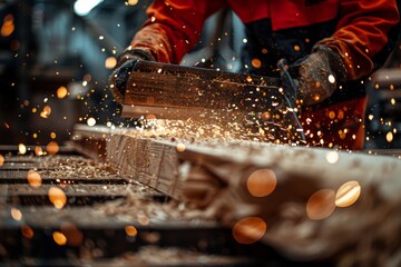 Close-up of a sharp cutting blade slicing through wood with sparks flying