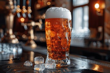 Glass of cold beer with foam, selective focus - obrazy, fototapety, plakaty