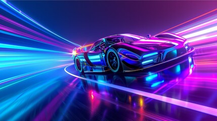 Speeding Sports Car On Neon Highway 