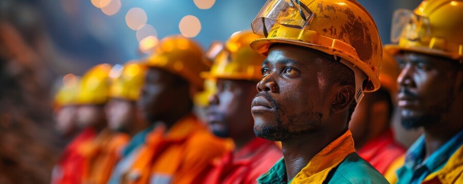 Focused mine workers at morning briefing in a mining site