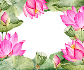 watercolor horizontal frame with pink lotus flower, buds and leaves, hand drawn illustration of spa and yoga theme, sketch of purple water lily, Asian tropical flower isolated on white background