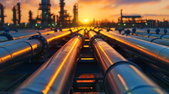 Petrochemical Oil Refinery : Steel long pipes in crude oil factory. 