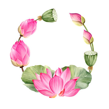 watercolor wreath with pink lotus flower, buds and leaves, hand drawn illustration of spa and yoga theme, sketch of purple and magenta water lily, Asian tropical flower isolated on white background