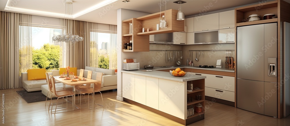 Sticker A cozy kitchen featuring a wooden table and chairs, with a light blue color scheme and sunlight streaming through the windows