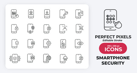 Smartphone security minimal thin line icons. Related protection, anti virus, password, lock. Editable stroke. Vector illustration.