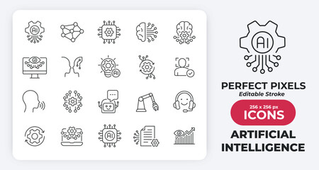 Artificial intelligence minimal thin line icons. Related technology, digital, automation, machine. Editable stroke. Vector illustration.