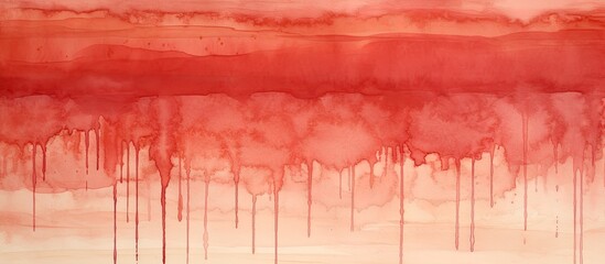 An artwork featuring layers of red and white paint with numerous dripping patterns throughout