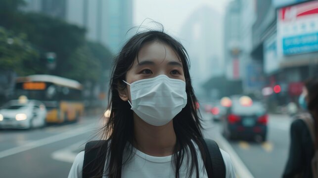 Unhealthy air, in an urban area, people wear masks.