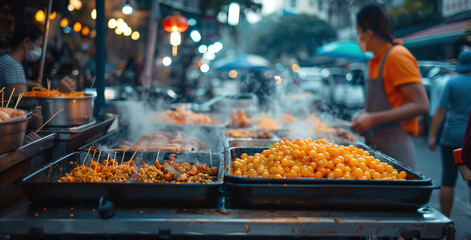 Grilling barbecue meat skewer kebab at traditional night market stall, delicious street food.Ai