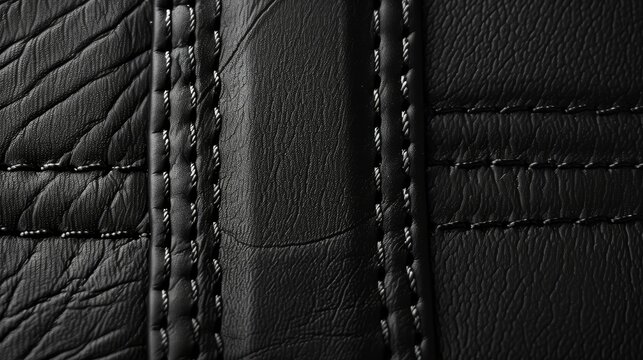 Texture of black leather background with stitched seamless
