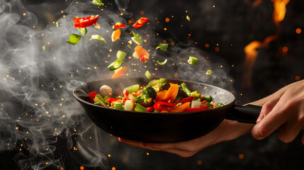 Hand holding wok with vegetable mix over fire