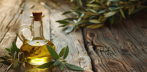 olive oil and green olive on the wooden background.oil can with virgin olive oil and olives.Ai

