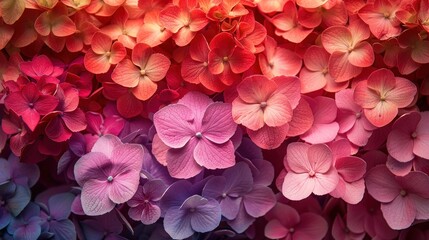 Fototapeta premium Beautiful colorful hydrangea flowers as background, top view