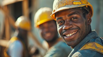 Smiling construction worker with team in the background on a sunny day - Powered by Adobe