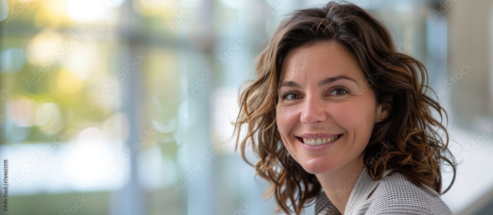 Canvas Prints A happy woman with brown hair wearing a cozy gray sweater smiles warmly