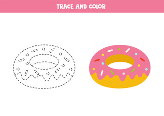 Trace and color cute cartoon donut. Printable worksheet for children.