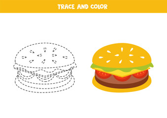 Trace and color cute cartoon burger. Printable worksheet for children.