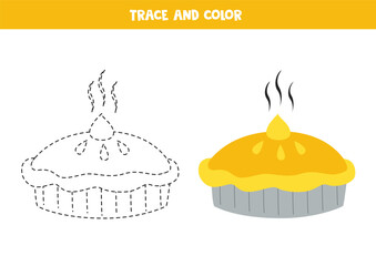 Trace and color cartoon pie or cake. Printable worksheet for children.