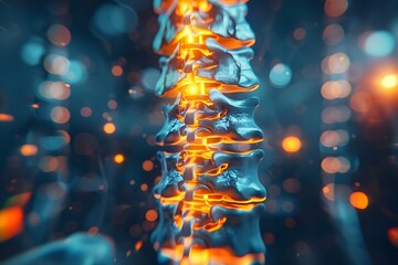 3D Xray of a human spine showing arthritis illuminated in a medical clinic setting. Concept Medical Imaging, Arthritis Diagnosis, Spinal Health, Healthcare Technology, Radiology Clinic