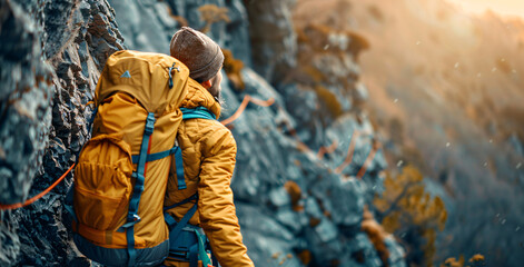 Young hiker traveling across hazy mountain. Man tourist walk by foggy rocky track wearing backpack.Ai
