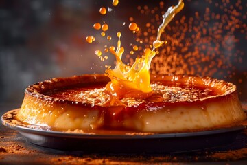 Delicious Caramel Syrup Pouring over Freshly Made Flan on Dark Rustic Background with Droplets...