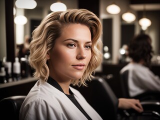 Obraz premium Portrait of a beautiful girl model blonde curly hair in hair salon spa