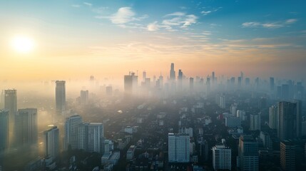 Fototapeta premium Unhealthy air, in an urban area, people wear masks.