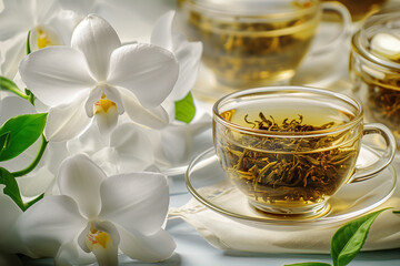A serene and elegant setting capturing the essence of a peaceful tea time. Clear glass cups filled with golden green tea, surrounded by the pure white blossoms of orchid flowers