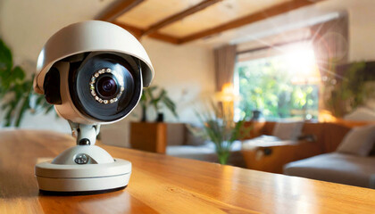 Close-up of a CCTV modern security camera above a wooden table in a living room, using for recording and monitoring the criminals scene. Generative Ai. - obrazy, fototapety, plakaty