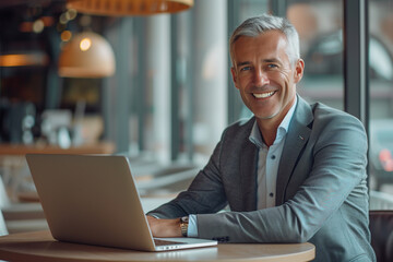Portrait of a smiling senior businessman, working over the laptop, looking at the camera.office background - obrazy, fototapety, plakaty