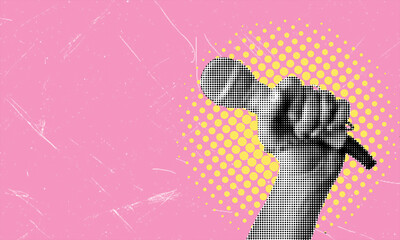 Art collage, hand with a microphone on a pink background with copy space.
