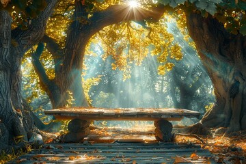 Enchanted Autumn Forest Scene with Golden Foliage and Mysterious Sunlit Clearing with Wooden Bench