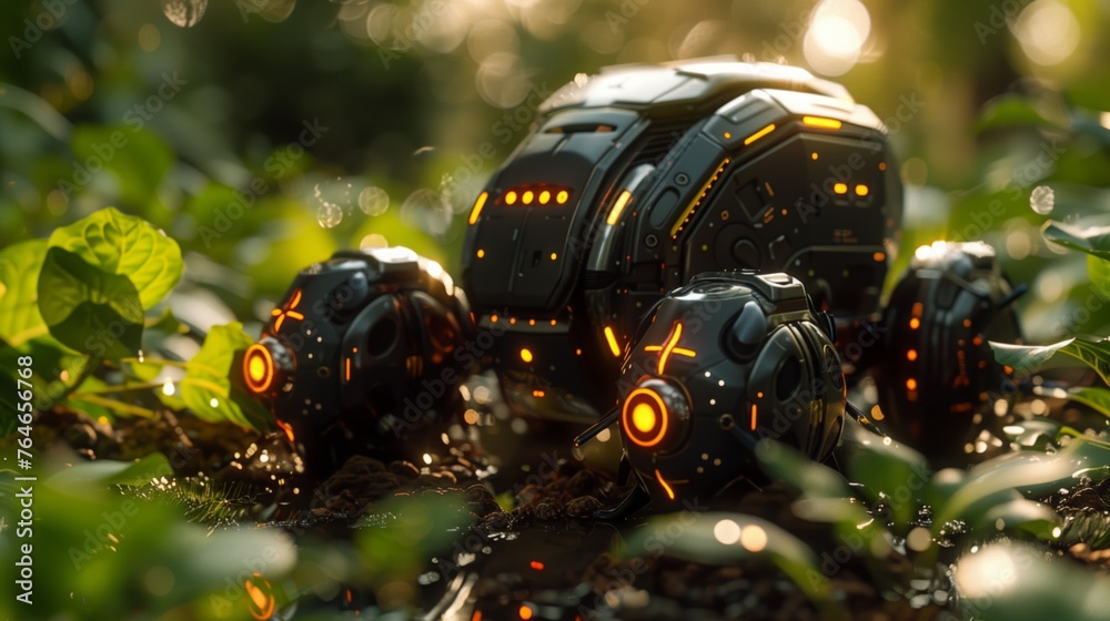 Poster futuristic robot on a forest exploration at dusk
