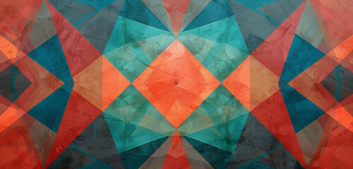 Vibrant coral and teal geometric shapes on a textured background, resembling a digital kaleidoscope.