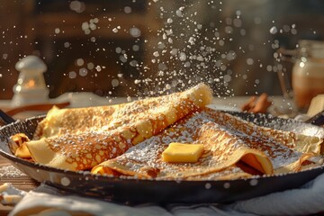 Golden Homemade Crepes with Melting Butter and Sugar Sprinkles in Cast Iron Skillet, Warm Morning Light - obrazy, fototapety, plakaty