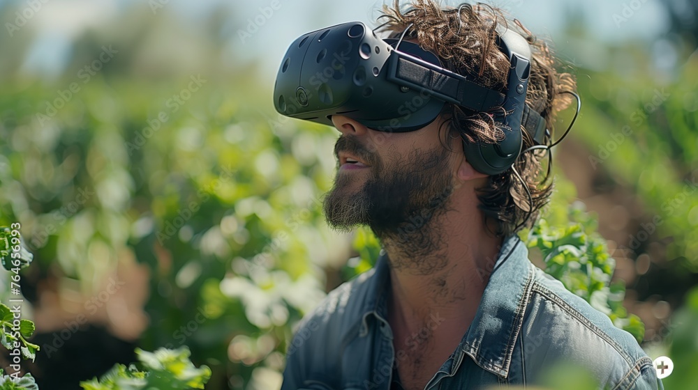 Poster Man Experiencing Virtual Reality in Field