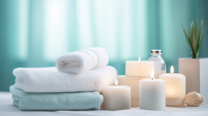 Spa towels and candles on table