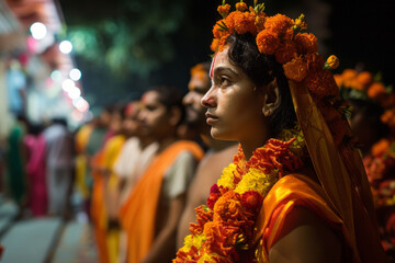 The devotion and spiritual fervor of devotees as they undertake the long Thaipusam procession. Soft focus. - obrazy, fototapety, plakaty