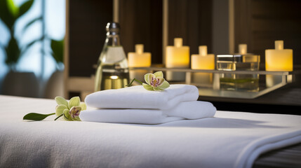 Fototapeta na wymiar Massage table in spa, aromatherapy, healthy lifestyle