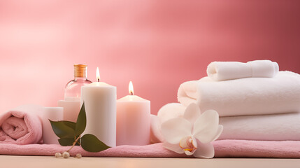 Obraz na płótnie Canvas Spa accessories on pink background, relaxation treatment, healthy lifestyle